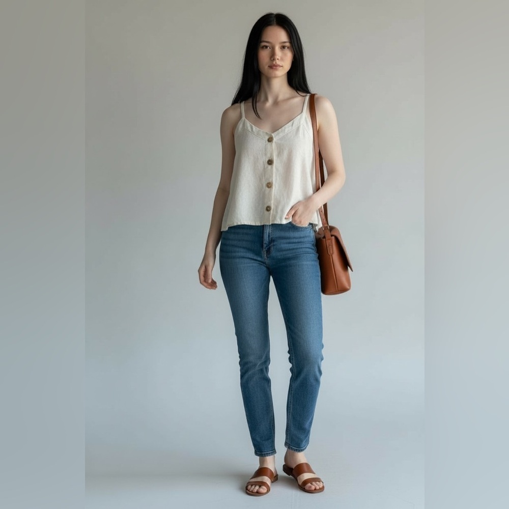 Midnight Sky Linen Blend Button Front Cami Top Beige Women’s Size M